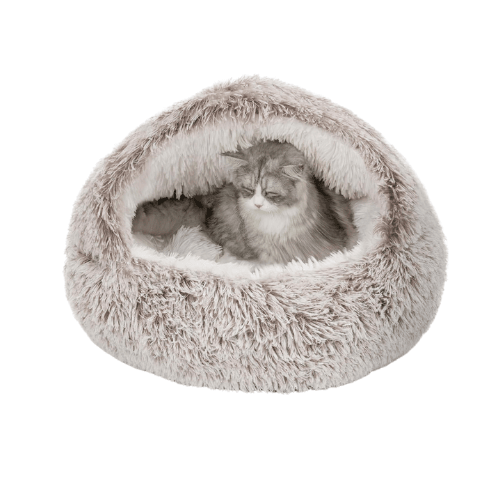2-in-1 Calming Hooded Cat Bed – Self-Warming Plush Pet Cave