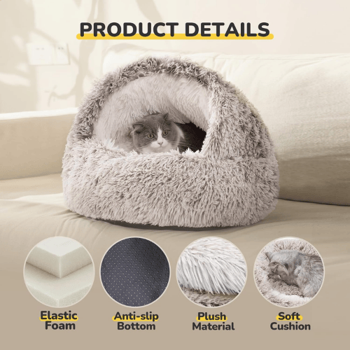 2-in-1 Calming Hooded Cat Bed – Self-Warming Plush Pet Cave