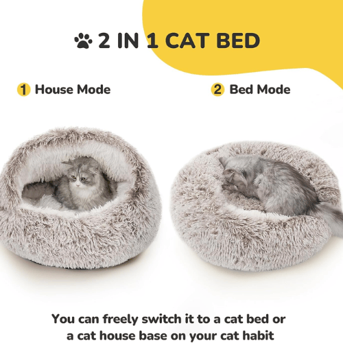 2-in-1 Calming Hooded Cat Bed – Self-Warming Plush Pet Cave