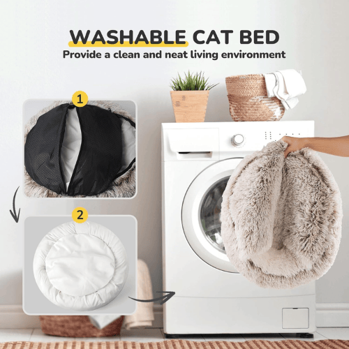 2-in-1 Calming Hooded Cat Bed – Self-Warming Plush Pet Cave