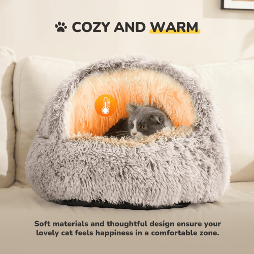 2-in-1 Calming Hooded Cat Bed – Self-Warming Plush Pet Cave
