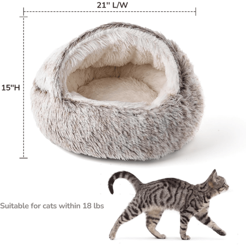 2-in-1 Calming Hooded Cat Bed – Self-Warming Plush Pet Cave