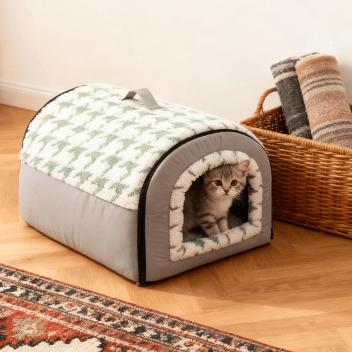 Heated Indoor Dog House & Cat Cave – 2-in-1 Foldable Pet Tent with Removable Thermal Pad