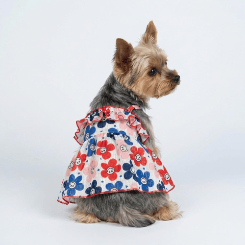 Modern "Patriotic Bloom" Pet Sundress – Ruffled Hawaiian Smiley Flower Dress