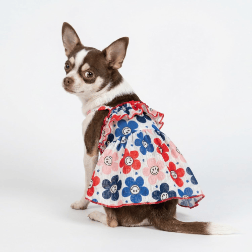 Modern "Patriotic Bloom" Pet Sundress – Ruffled Hawaiian Smiley Flower Dress